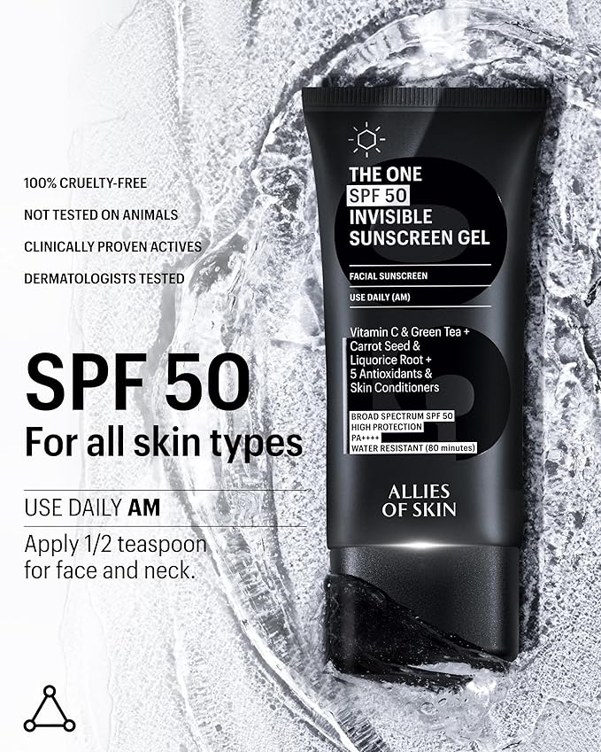 Allies of Skin Daily Face Sunscreen SPF 50 | Zero White Cast Lightweight Gel Formula | Dermatologist Tested Under Makeup Primer| Water-Resistant & PA++++ Broad Spectrum UVA/UVB (1.7 oz)-Velvo Beauty