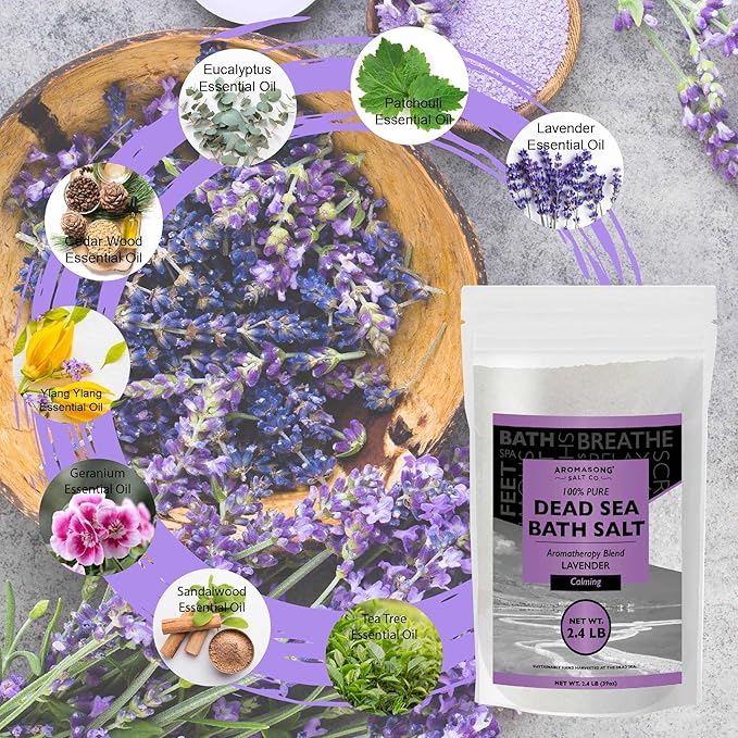Aromasong Pure Dead Sea Salt for Soaking with 100% Natural Lavender, 2.43 LB - Spa Bath Salt Fine Grain - Body Wash Scrub - Soak for Women & Men- Bulk Resealable Pack-Velvo Beauty