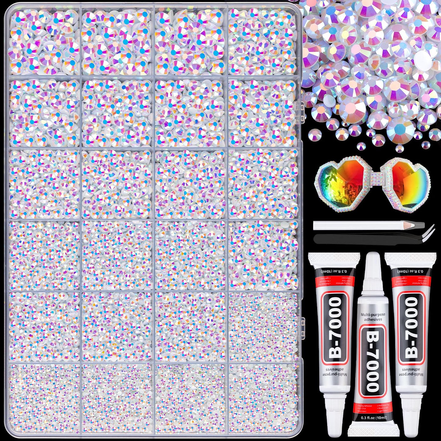 25000Pcs Resin Rhinestones with B7000 Jewelry Glue for Crafting, White AB 2-6mm Non Hotfix Flatback Gems, Bedazzling Crystal for DIY Crafts Clothing Tumblers Mugs Shoes Fabric Decor Nail Art-Velvo Beauty