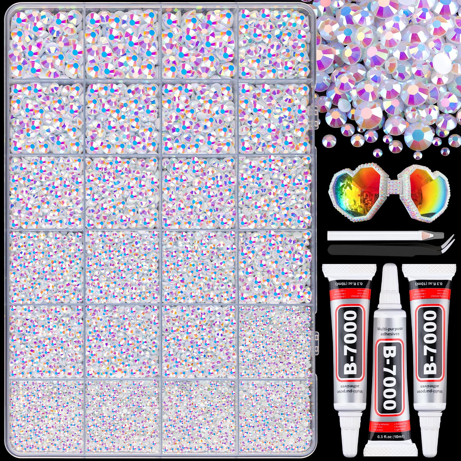 25000Pcs Resin Rhinestones with B7000 Jewelry Glue for Crafting, White AB 2-6mm Non Hotfix Flatback Gems, Bedazzling Crystal for DIY Crafts Clothing Tumblers Mugs Shoes Fabric Decor Nail Art-Velvo Beauty