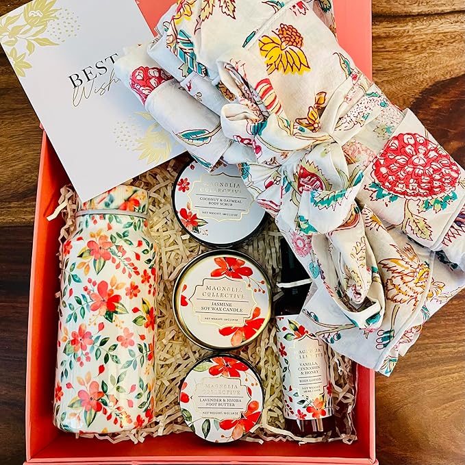 Spa Gift Set with Robe - 7 pc for New Mothers Postpartum Moms & Expecting- Luxurious Gift Set w Jasmine Candle Honey Lotion Coconut Oatmeal Body Scrub - All-Natural for Self-Care. Push present.-Velvo Beauty