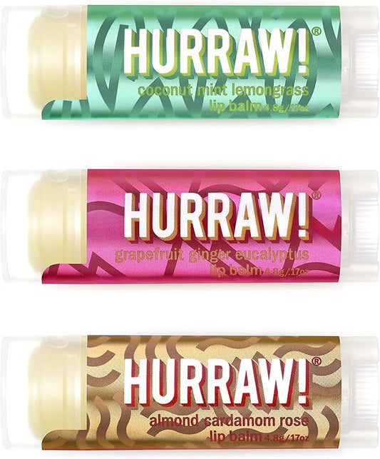 Hurraw! Pitta (Coconut, Mint, Lemon Grass), Kapha (Grapefruit, Ginger, Eucalyptus), Vata (Almond, Cardamon Rose) Lip Balms, 3 Pack Bundle: Organic, Certified Vegan, Cruelty, Gluten Free, 100% Natural-Velvo Beauty