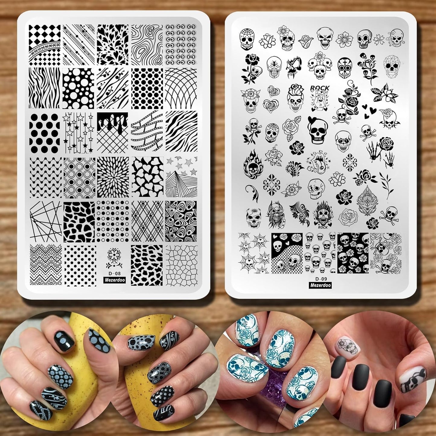 2pcs 9.5x14.5cm Nail Stamping Plates Geometry Skull Series Nail Art Stamp Templates Stencils Design Polish Manicure Stripe Dot Love Image Painting Nail Plate-Velvo Beauty