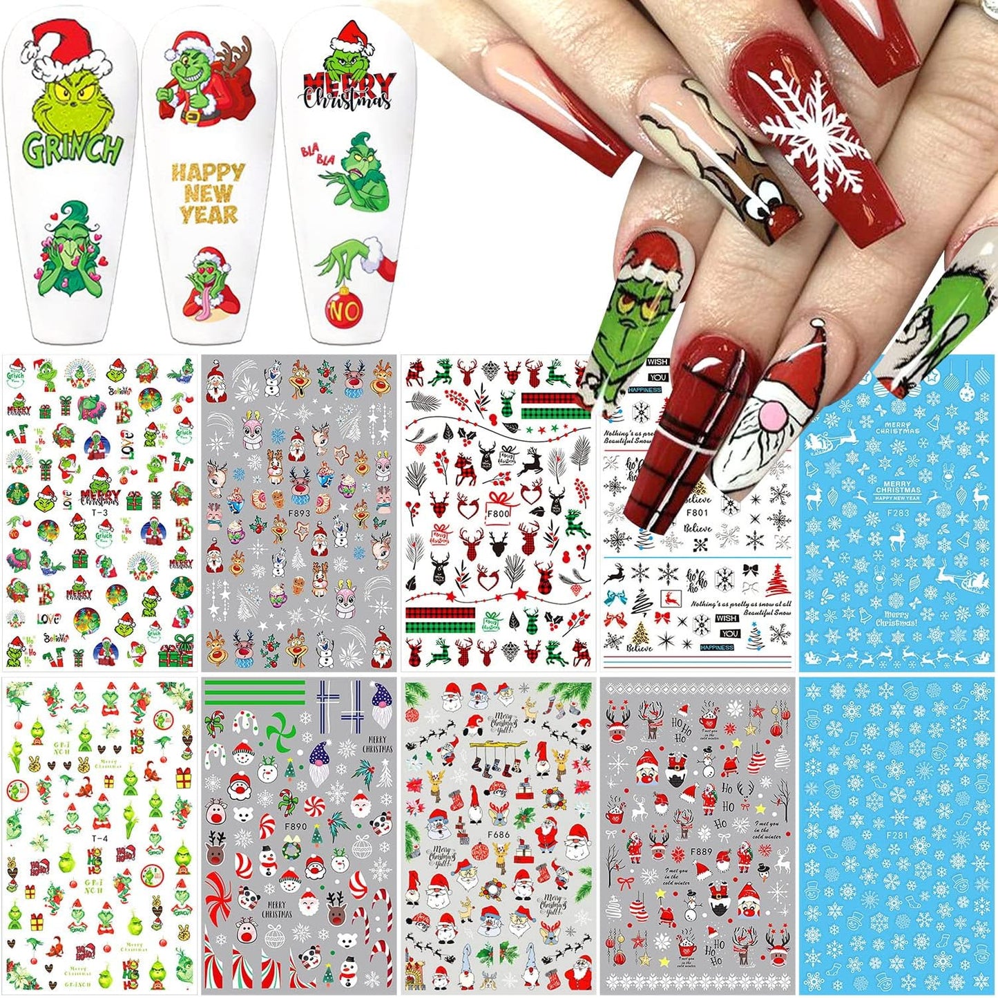 10 Sheets Christmas Nail Art Stickers 3D Xmas Nail Decals Winter Snowflake Santa Claus Snowman Buffalo Plaid Reindeer Nail Stickers for Christmas Nail Designs Decorations Manicure Tips Charms-Velvo Beauty