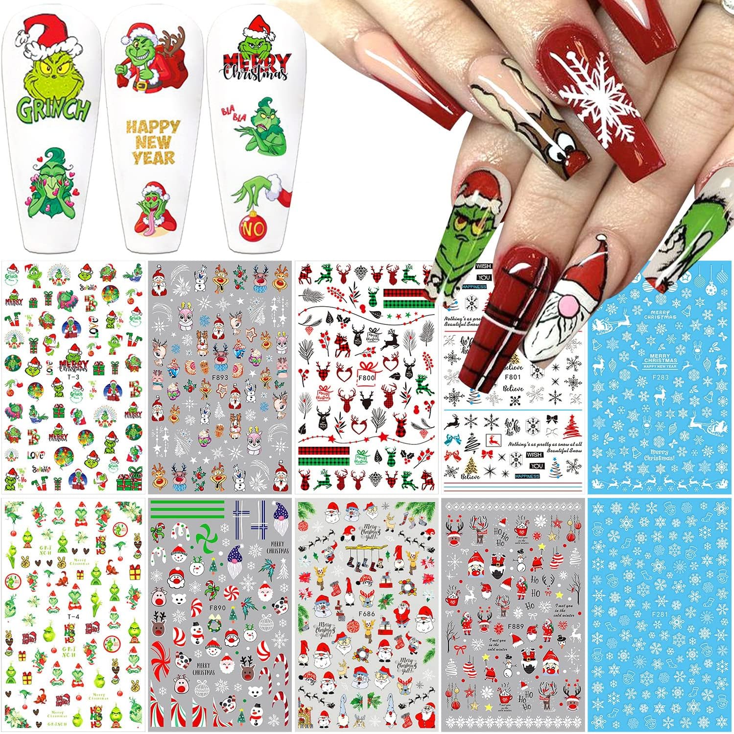 10 Sheets Christmas Nail Art Stickers 3D Xmas Nail Decals Winter Snowflake Santa Claus Snowman Buffalo Plaid Reindeer Nail Stickers for Christmas Nail Designs Decorations Manicure Tips Charms-Velvo Beauty