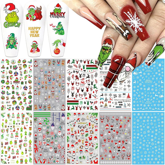 10 Sheets Christmas Nail Art Stickers 3D Xmas Nail Decals Winter Snowflake Santa Claus Snowman Buffalo Plaid Reindeer Nail Stickers for Christmas Nail Designs Decorations Manicure Tips Charms-Velvo Beauty