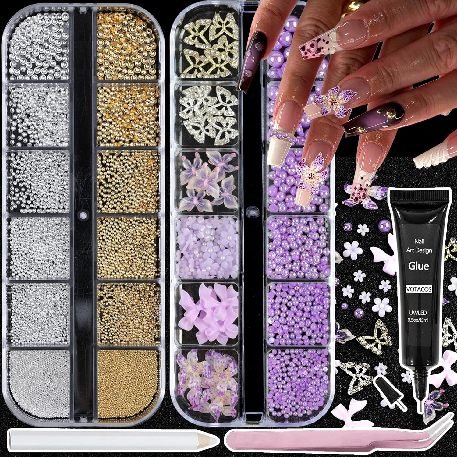 Nail Art Charms with Rhinestones Glue Gel Purple Flatback Pearls Flower Butterfly Nail Gems Supplies Accessories Gold Silver Nails Pearls for Women Nails Design Decoration-Velvo Beauty