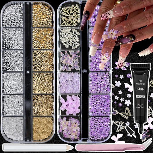 Nail Art Charms with Rhinestones Glue Gel Purple Flatback Pearls Flower Butterfly Nail Gems Supplies Accessories Gold Silver Nails Pearls for Women Nails Design Decoration-Velvo Beauty