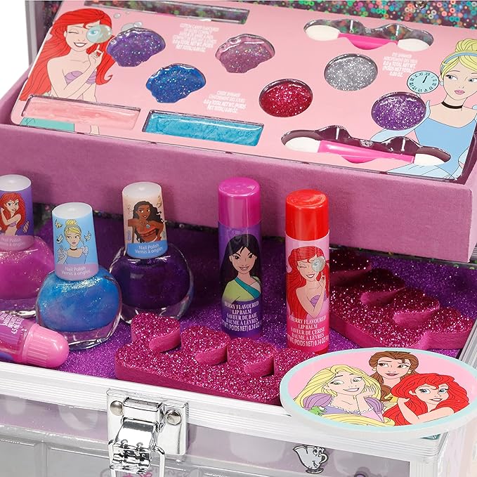 Disney Princess Train Case Girls Beauty Set, Kids Makeup Kit for Girls, Real Washable Toy Makeup Set, Play Makeup, Pretend Play, Party Favor, Birthday, Toys Ages 3 4 5 6 7 8 9 10 11 12-Velvo Beauty