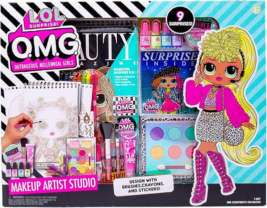 Horizon Group USA LOL OMG Make Up Artist Studio, DIY Craft Kit, Design with Brushes, Crayons & Stickers.Use Stencils to Color in Make-Up.Nail Polish, Decals & Surprise Blind Bags Included-Velvo Beauty