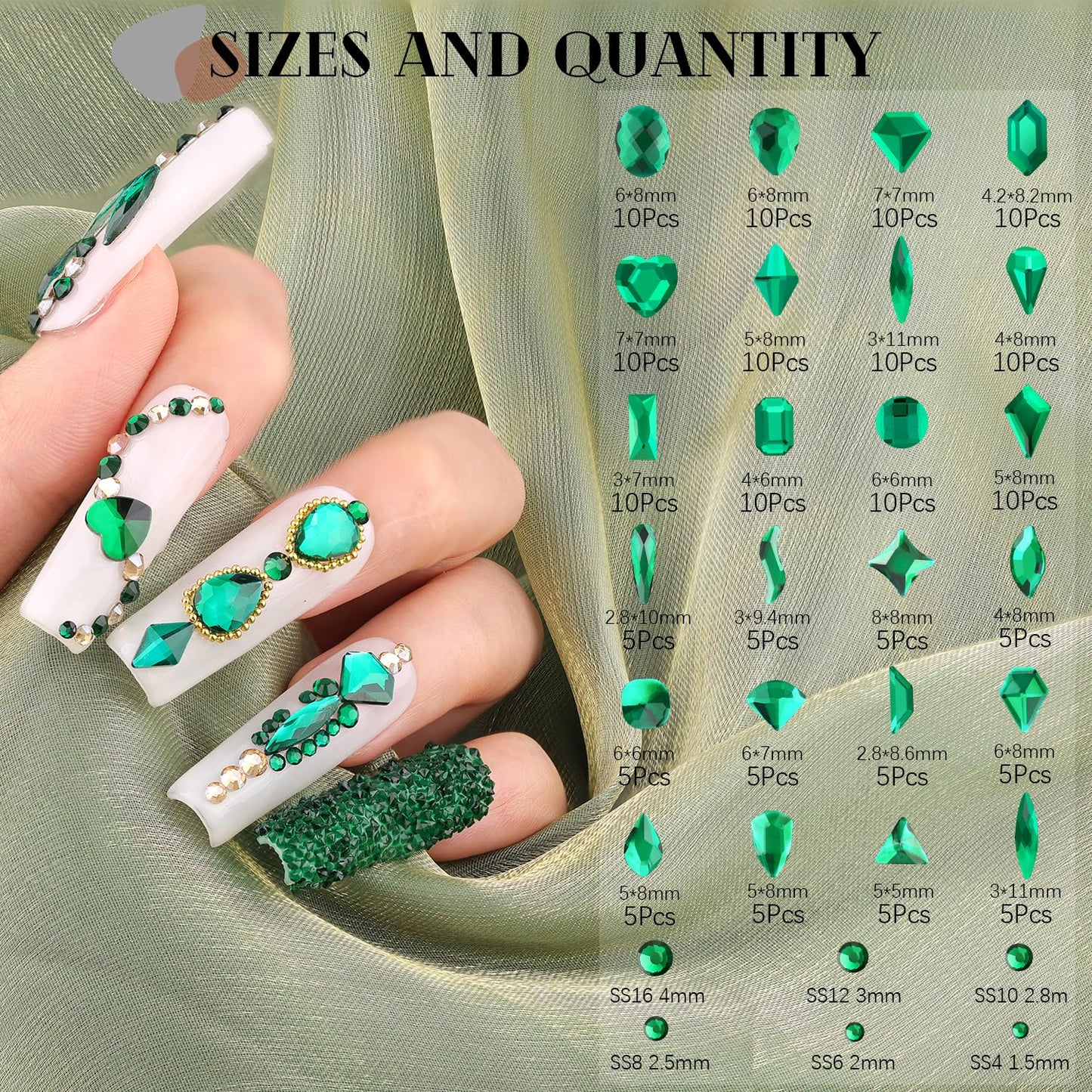 1680Pcs Emerald Green Glass Nail Rhinestones 180Pcs Multi Shapes Flatback Nail Gems + 1500Pcs 1.5-4mm Round Crystal, Manicure Nail Charms Diamond Gemstone for Acrylic Nails Decoration-Velvo Beauty