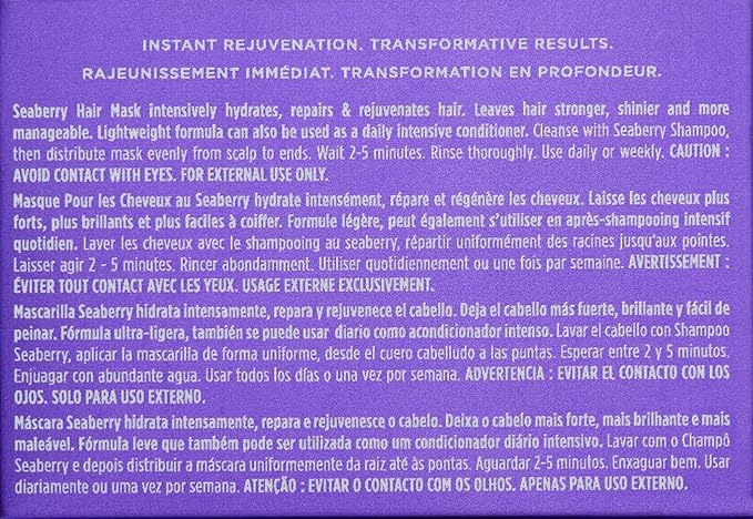 Obliphica Seaberry Hair Mask - Deep Conditioning Hydrating Treatment for Dry and Damaged Hair - Moisturizing Hair Repair and Growth Mask for Medium, Coarse, and Color-Treated Hair - 8.5 Ounces-Velvo Beauty