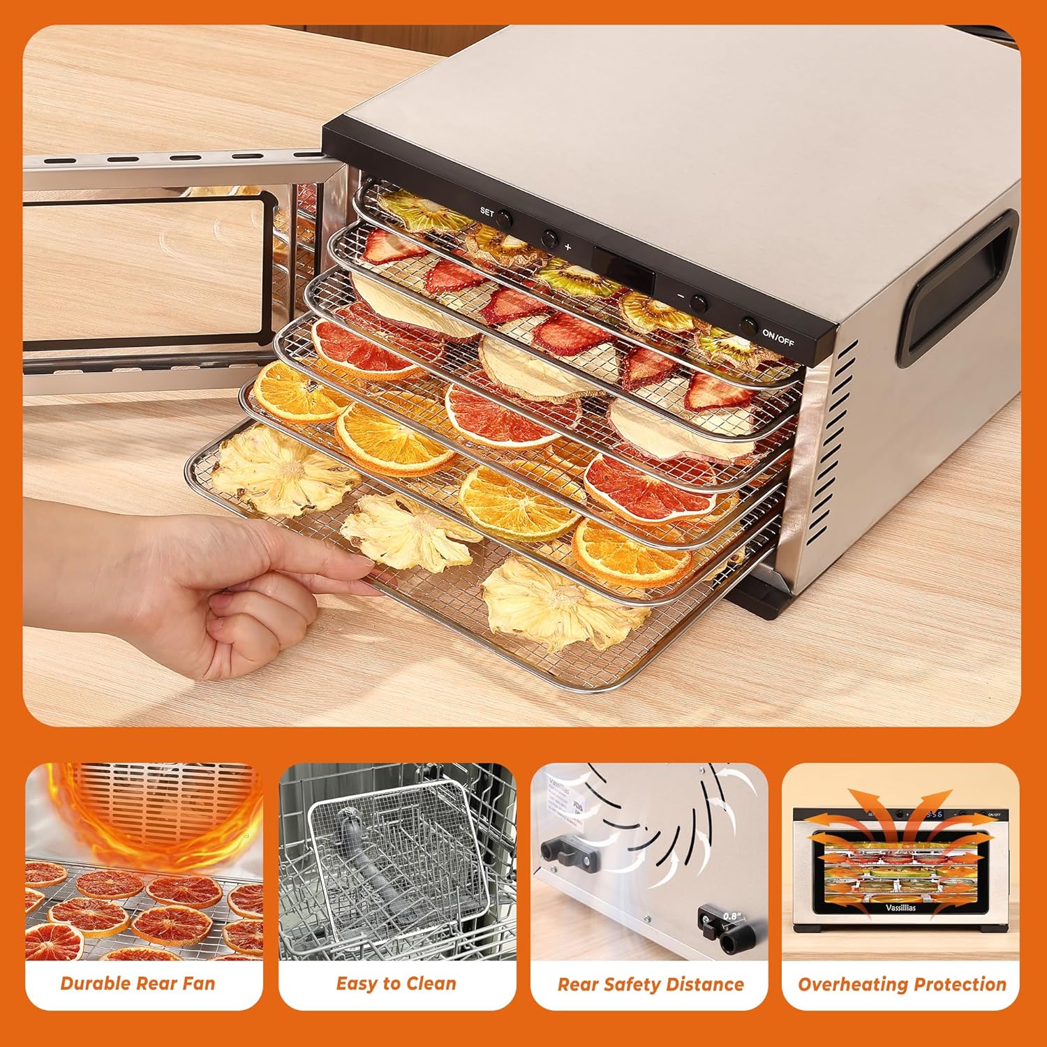 Stainless Steel Mini Food Dehydrator Dryer- 6 Stainless Steel Trays, Digital Adjustable Timer, 400W, 176°F, Temperature Control, for Jerky, Herb, Meat, Beef, Fruit and Pet Treats, Model 2016YJ, Silver-Velvo Beauty