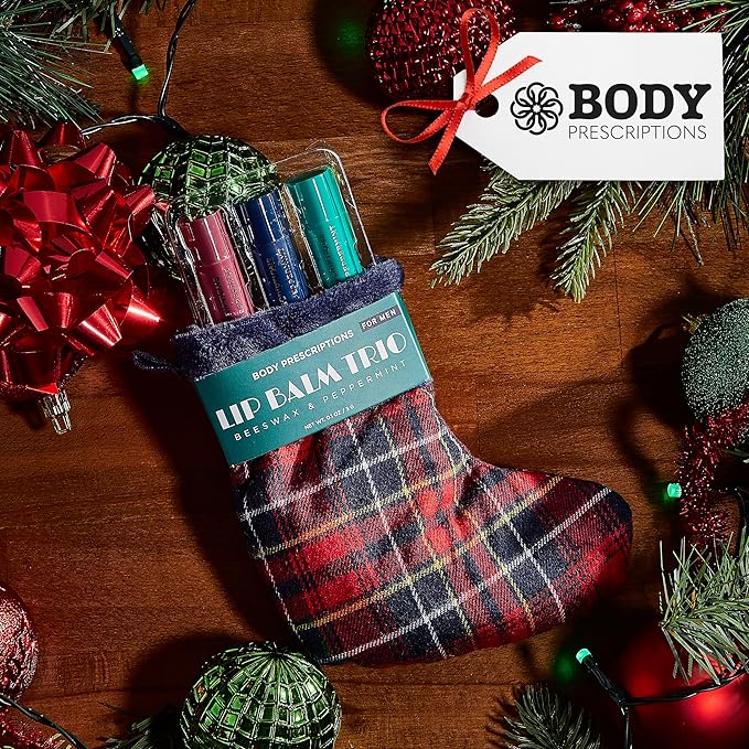 Body Prescriptions Lip Balm Trio for Men - Beeswax and Peppermint | Christmas Stocking Present Set | Nourishing and Moisturizing Formula | Protect and Hydrate Dry Lips | Great Holiday Present for Him-Velvo Beauty