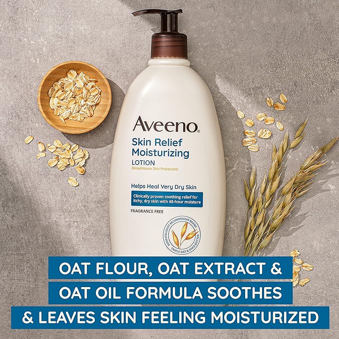 Aveeno Skin Relief Fragrance-Free Moisturizing Lotion for Sensitive Skin, with Natural Shea Butter & Triple Oat Complex, Unscented Therapeutic Body Lotion for Itchy, Extra-Dry Skin, 18 fl. oz-Velvo Beauty