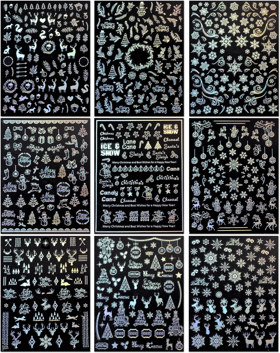 9 Sheets Aurora Christmas Nail Art Stickers Decals Self-Adhesive Pegatinas Uñas Glitter Rose Gold Snowflakes Winter Nail Supplies Nail Art Design Decoration Accessories-Velvo Beauty