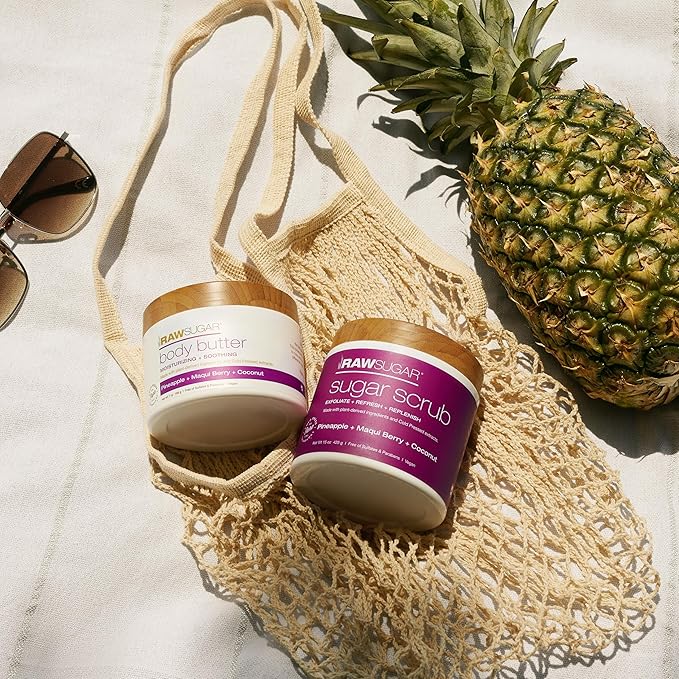 Raw Sugar Pineapple + Coconut + Maqui Berry Body Ritual Bundle - Exfoliating Body Scrub and Body Butter, Formulated without Sulfates + Parabens, Body Care Products for Women & Men-Velvo Beauty