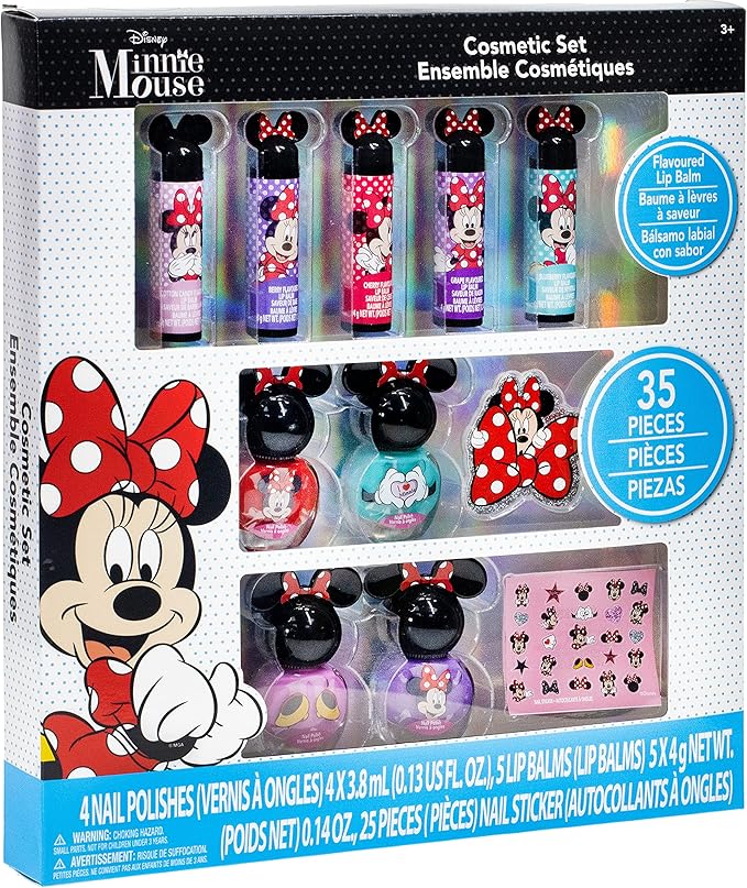 Townley Girl Disney Minnie Mouse Sparkly Cosmetic Makeup Set for Girls with Lip Balm Nail Polish Nail Stickers-35 Pcs|Perfect for Parties Sleepovers Makeovers|Birthday Gift for Girls above 3 Yrs, Kid-Velvo Beauty