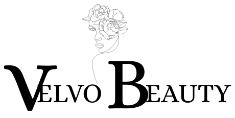 Logo of Velvo Beauty with a stylized face and flowers on a white background